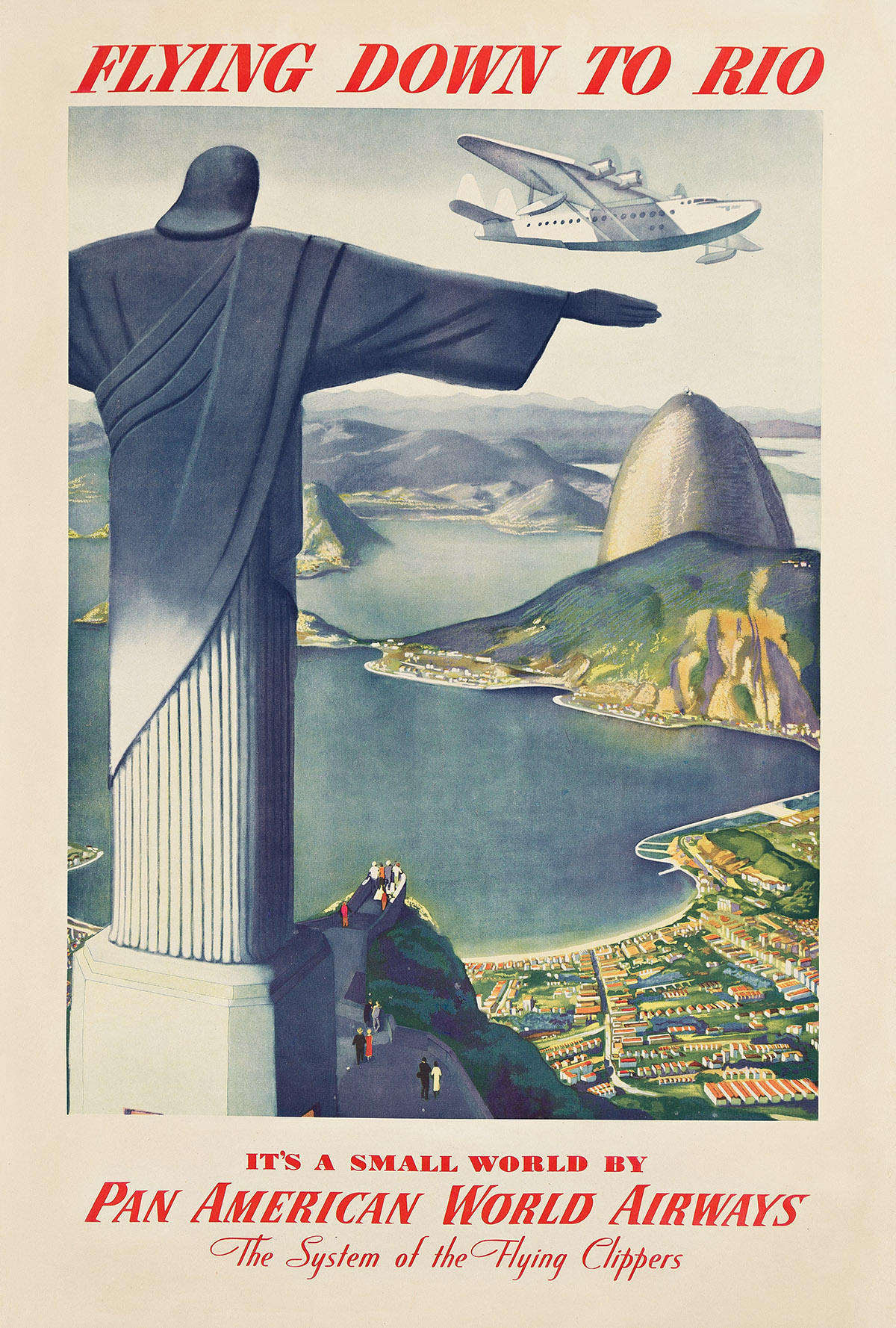 PAUL GEORGE LAWLER (DATES UNKNOWN).  FLYING DOWN TO RIO / ITS A SMALL WORLD BY PAN AMERICAN WORLD AIRWAYS. Circa 1938. 40¾x27½ inches,